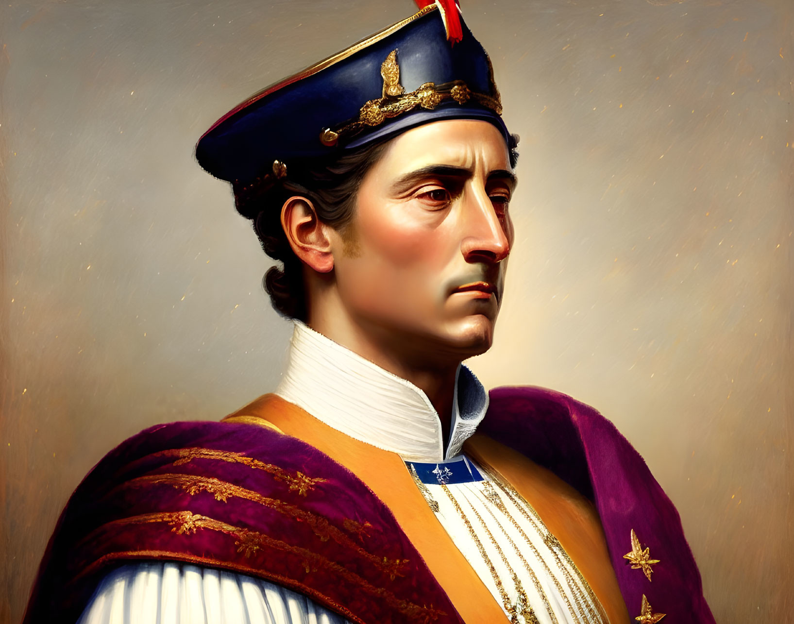 Historical military figure portrait in blue and gold hat with purple cloak and stern expression
