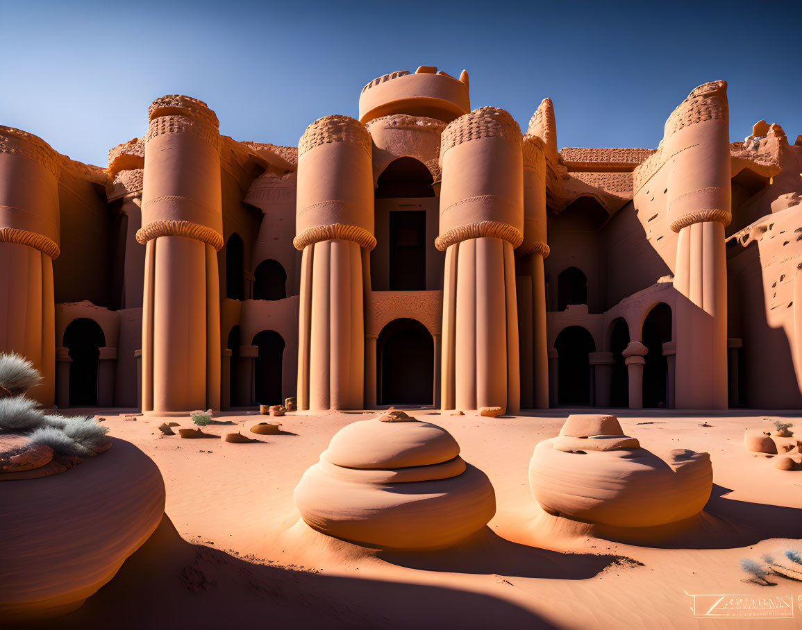 Traditional Adobe Kasbah with Cylindrical Towers and Ornate Designs in Desert Landscape