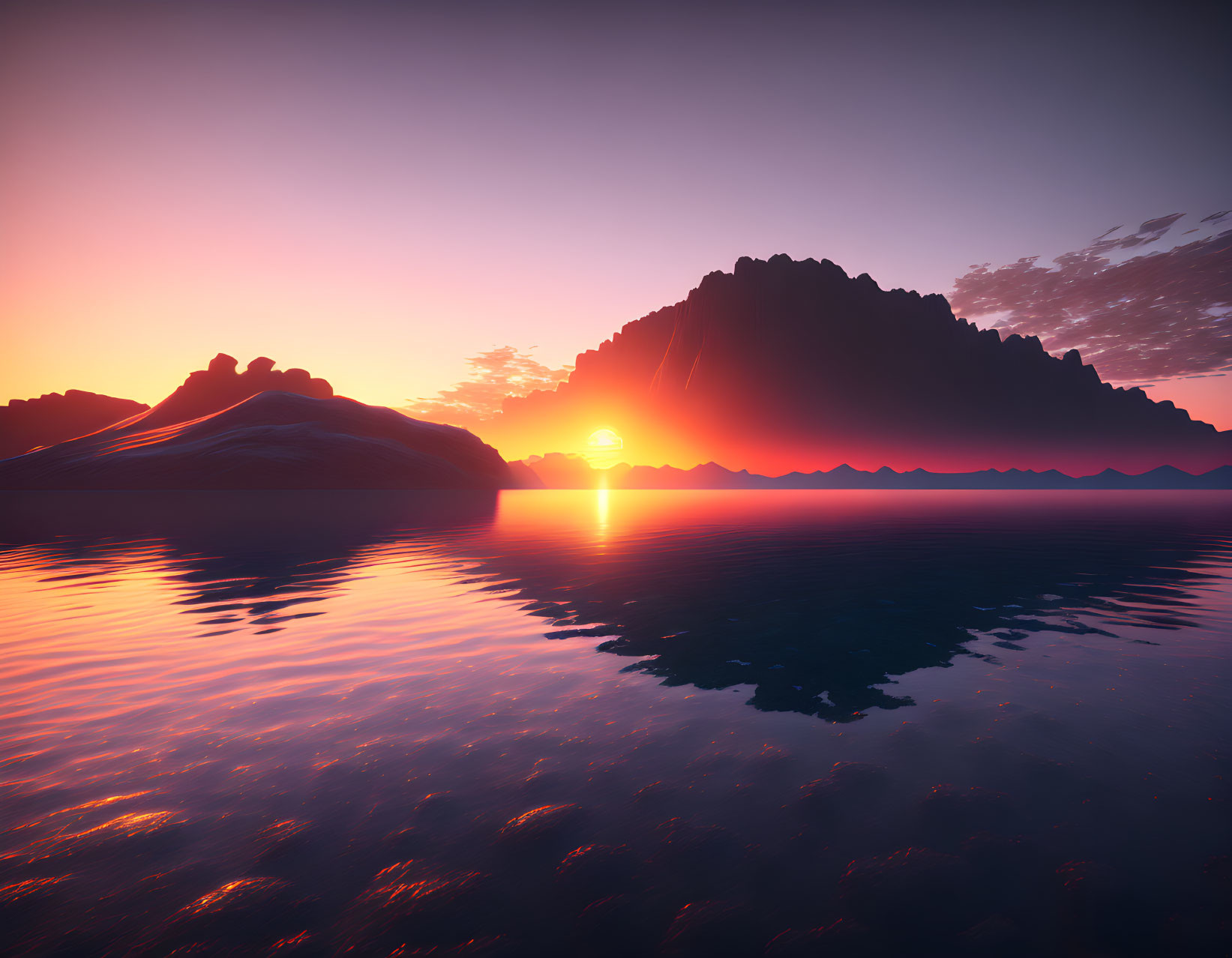 Scenic sunset over calm waters with mountain silhouettes