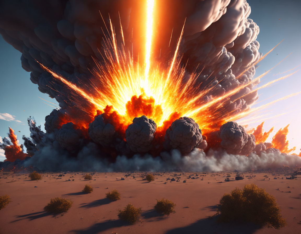 Fiery explosion with smoke plumes in desert landscape