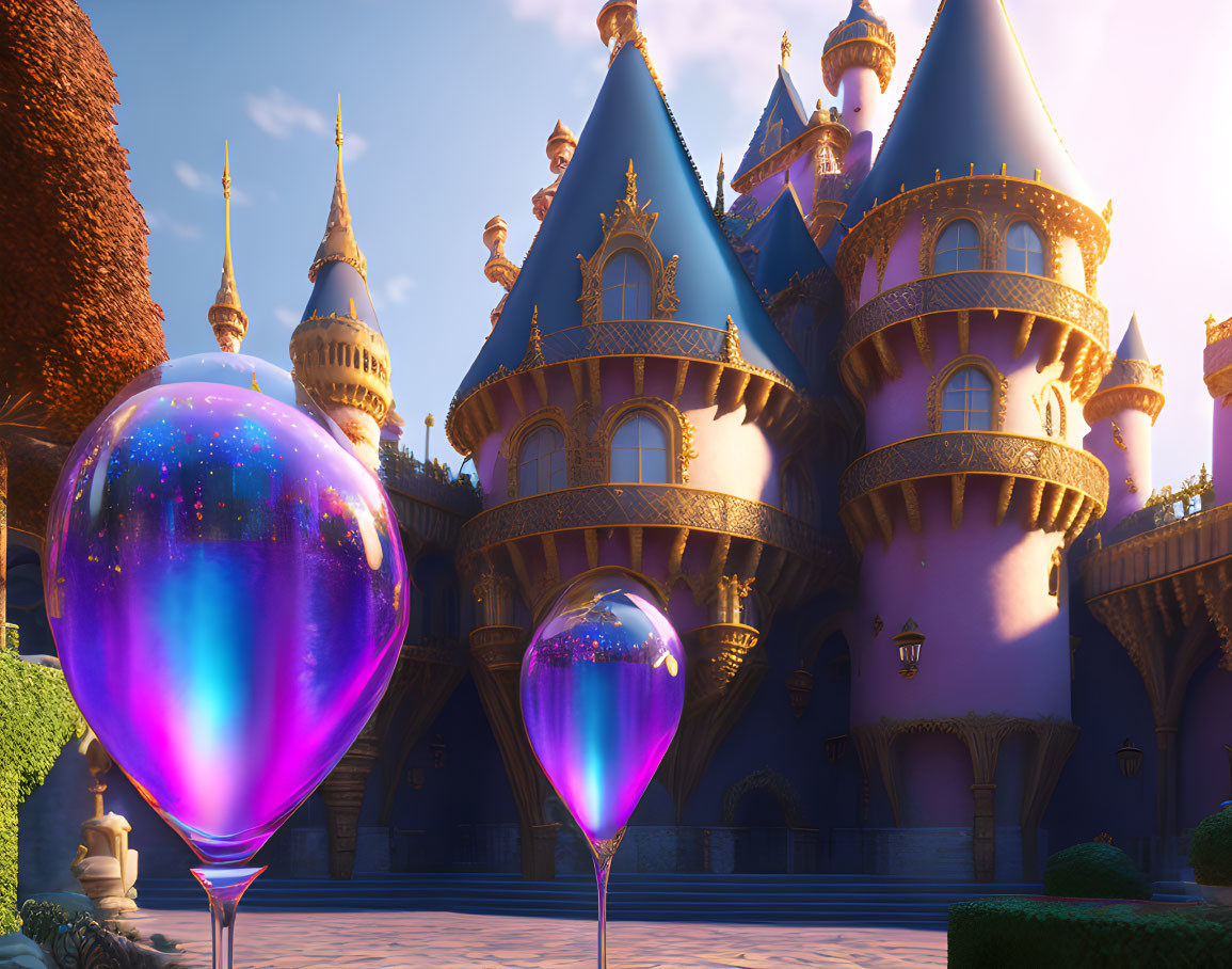 Whimsical castle with pointed turrets and colorful orbs in warm sunlight