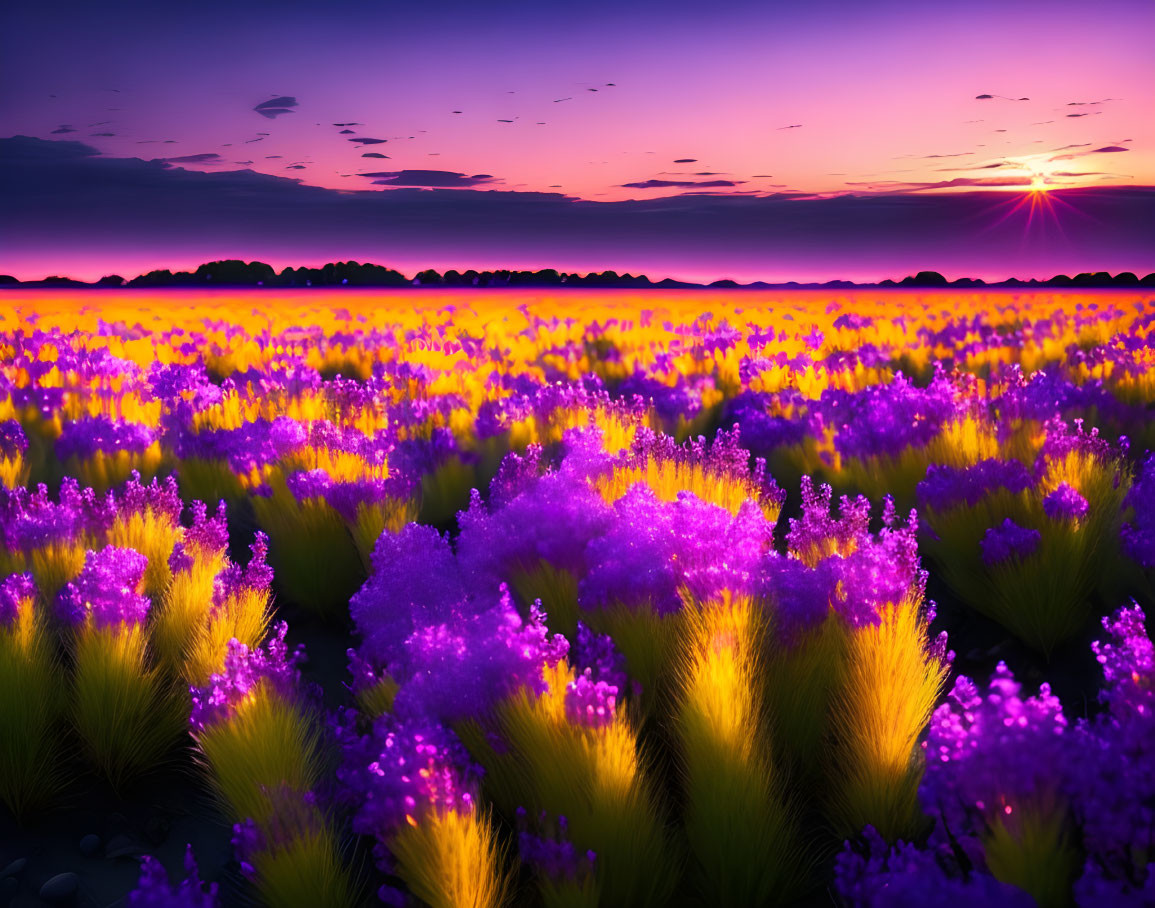 Vibrant Purple Wildflowers in Field at Sunset