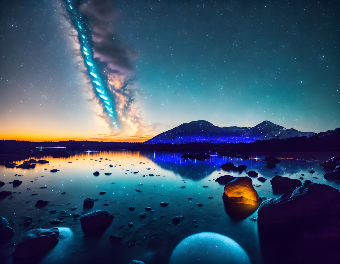 Surreal night landscape with vibrant starry sky and spiral galaxy over serene lake