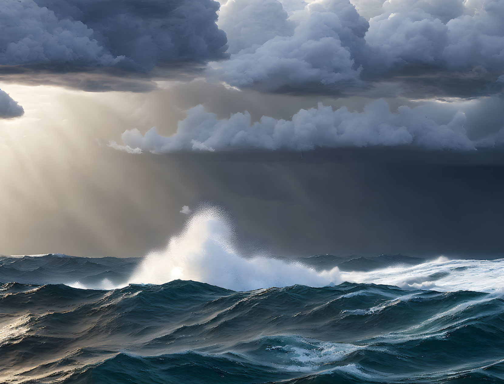 Stormy Seascape with Towering Waves and Sunlight Breaking Through Clouds