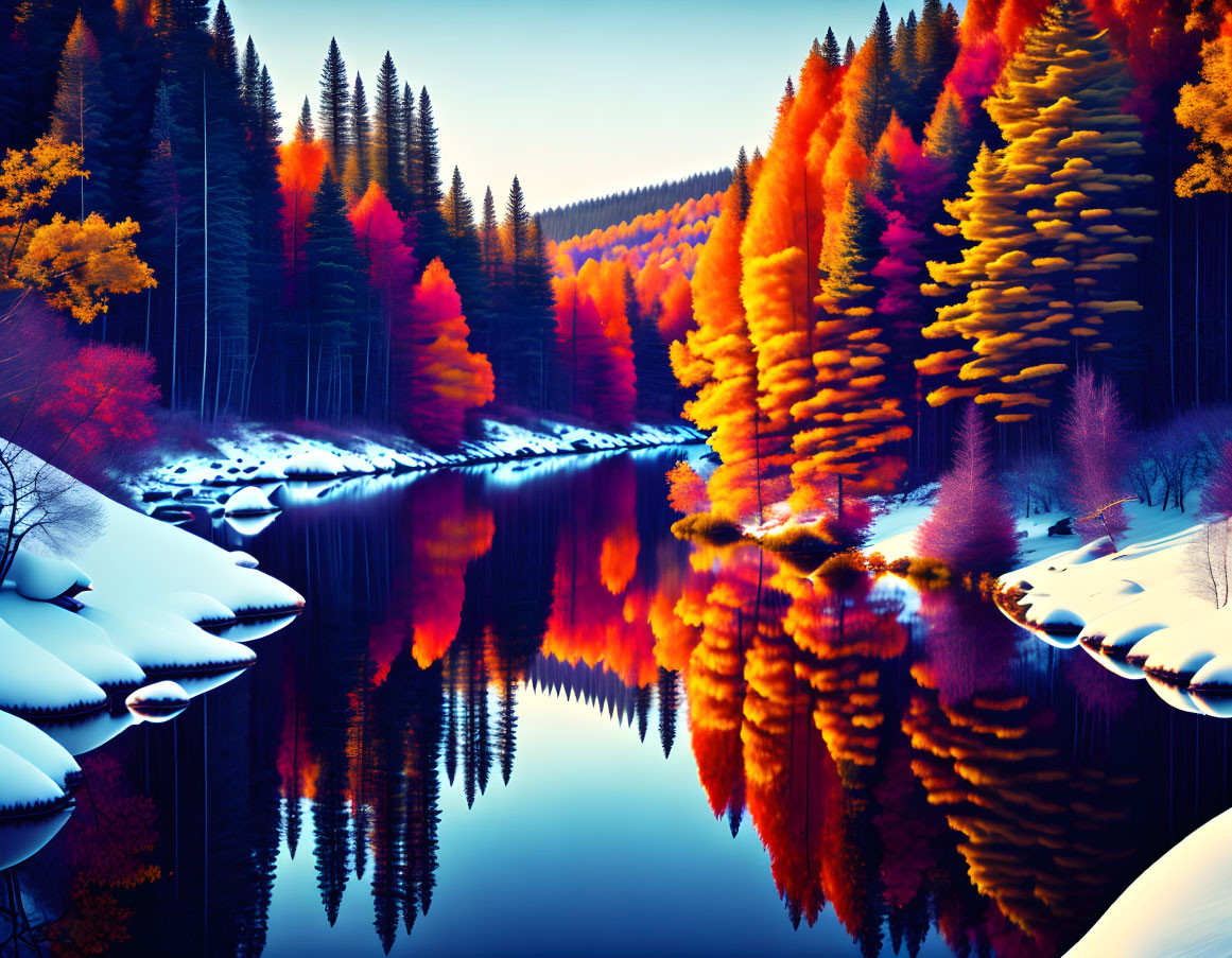 Scenic autumn forest with gold and orange trees reflected in river