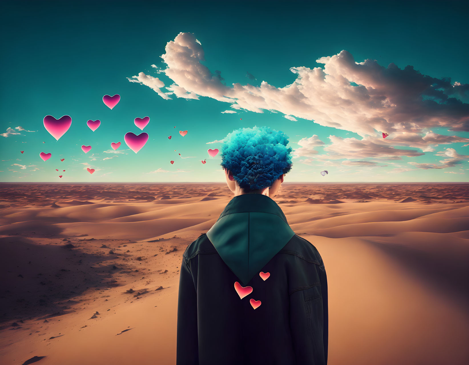 Blue Afro Person in Desert with Heart-Shaped Clouds at Sunset