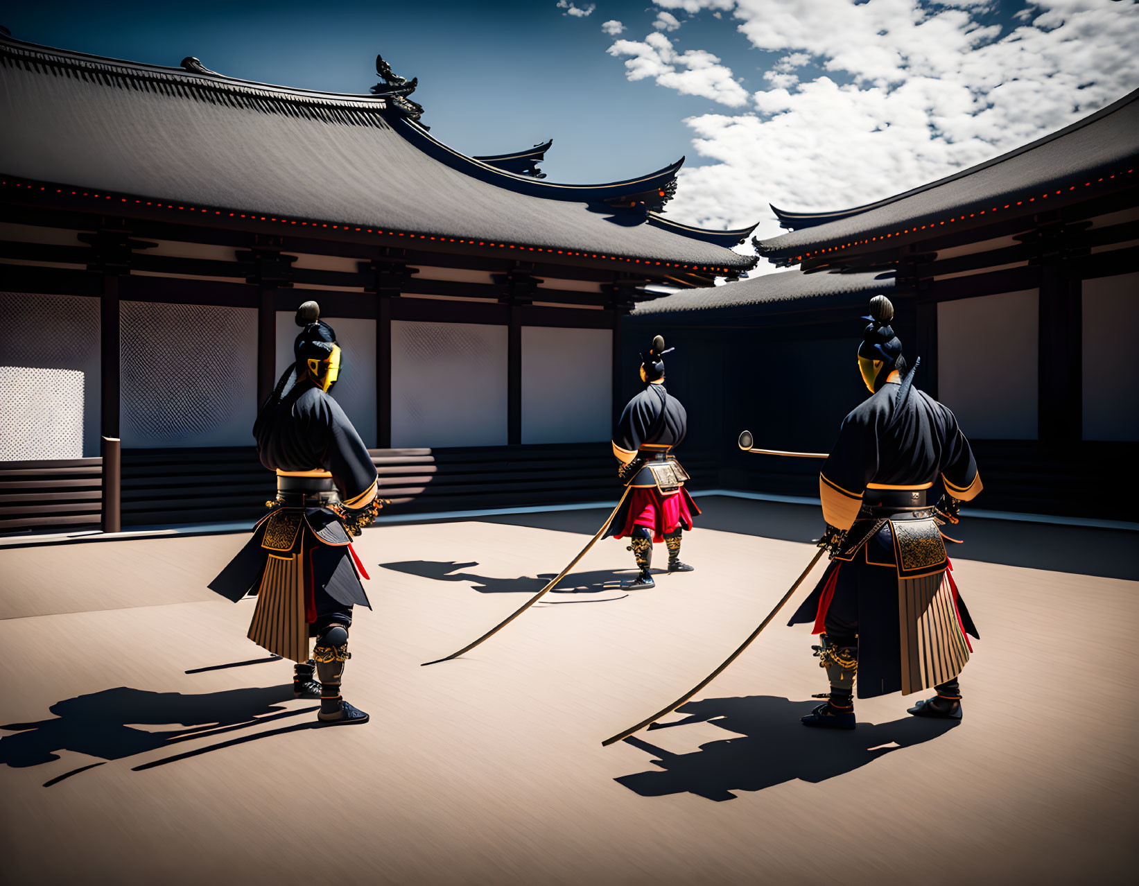 Three samurai warriors in traditional Japanese courtyard under clear blue sky