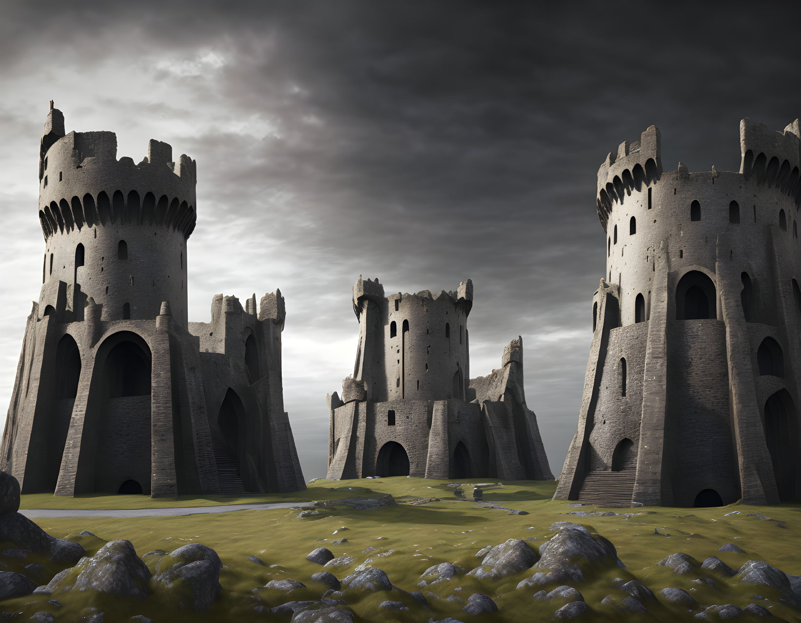 Medieval stone castles with tall towers and arched entryways under dramatic sky on rocky grassy