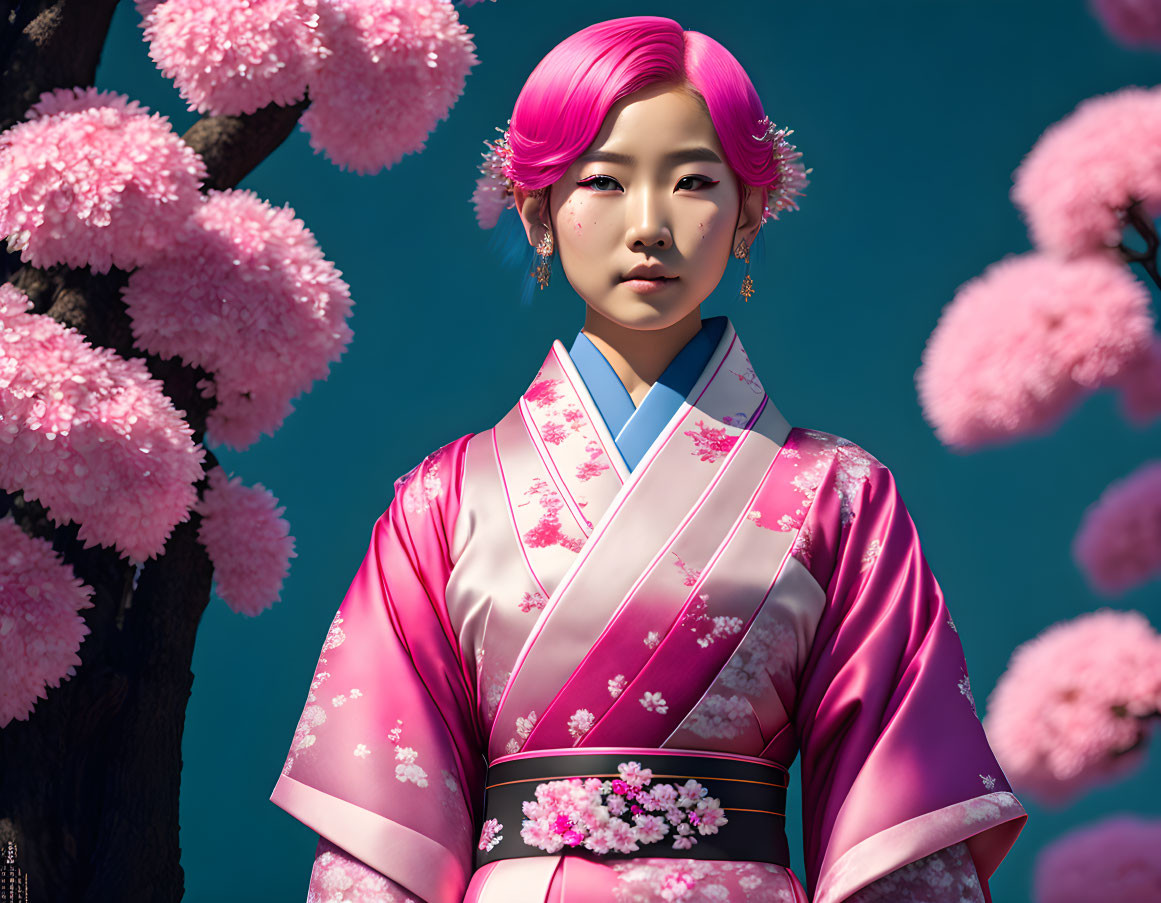 Pink-haired woman in traditional kimono amidst cherry blossoms and blue sky