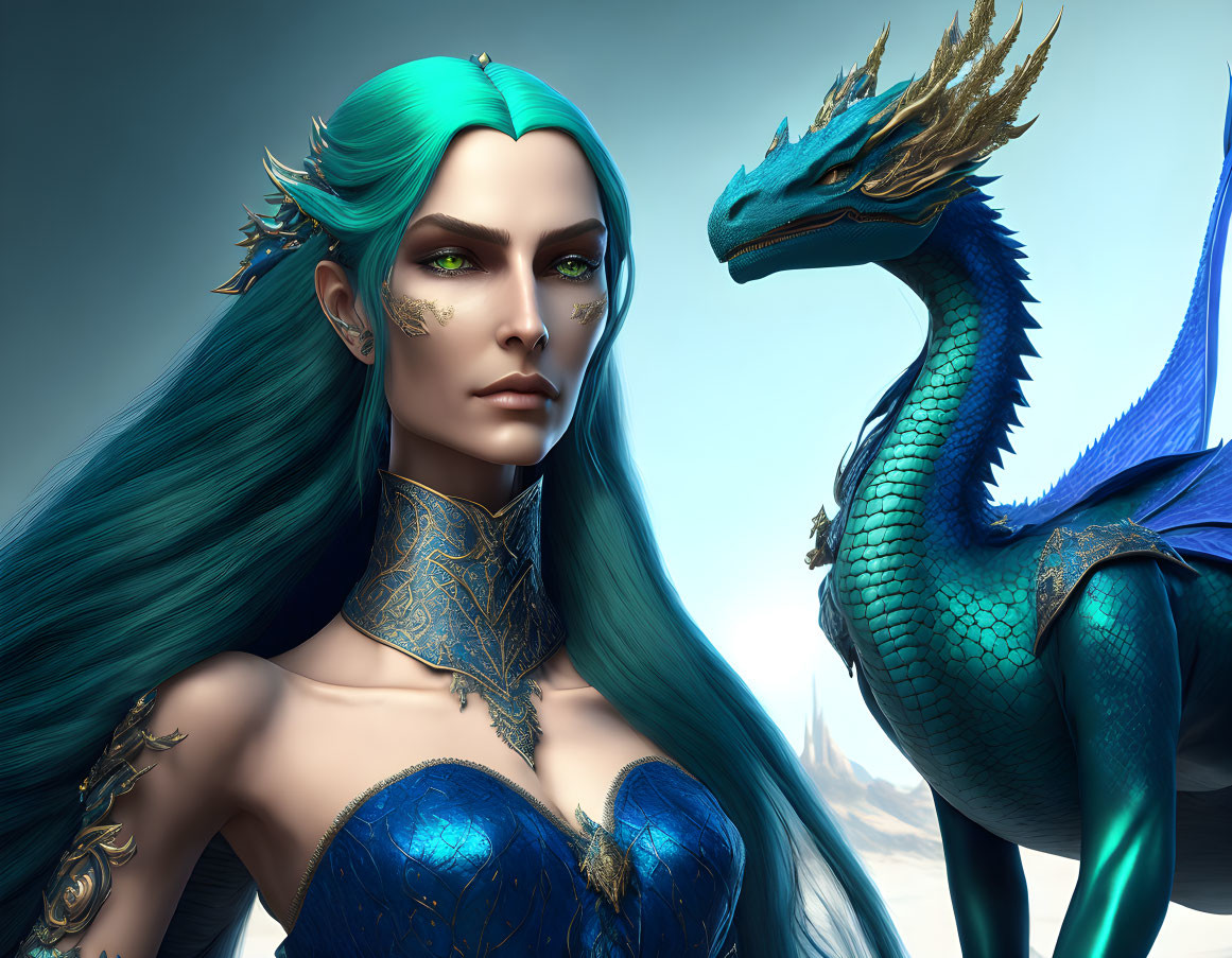 Fantasy portrait of woman with turquoise hair and blue dragon