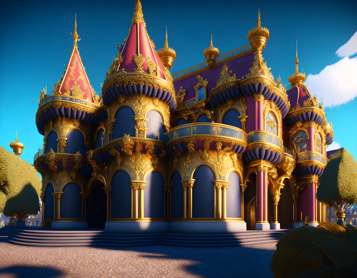 Digital rendering of ornate castle with purple roofs and golden trim in a manicured landscape