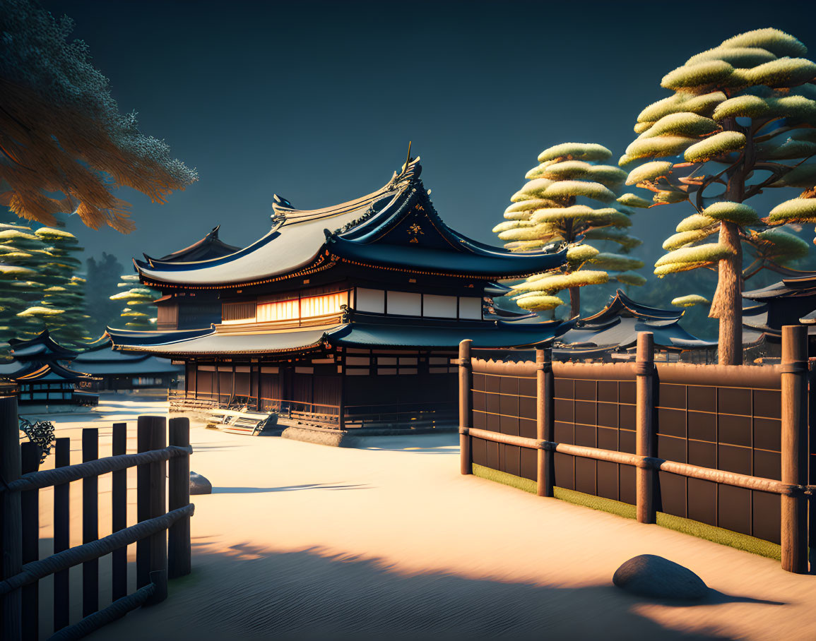 Traditional Japanese temple in serene landscape with pine trees, bamboo fence, and raked sand.