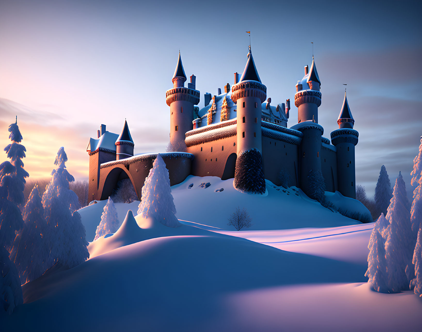 Majestic castle with turrets in snowy twilight landscape