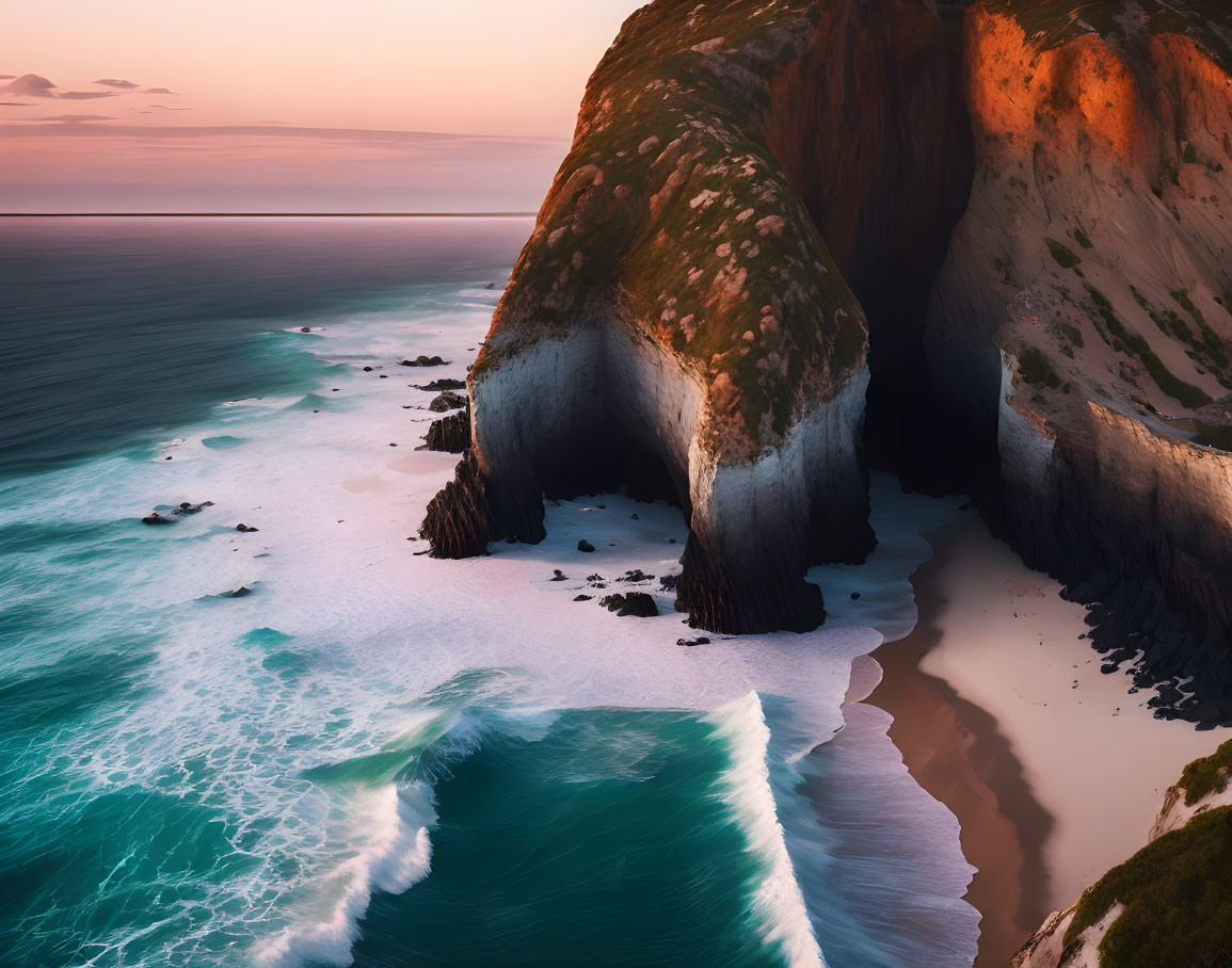 Rugged coastline with waves crashing against cliffs at sunset