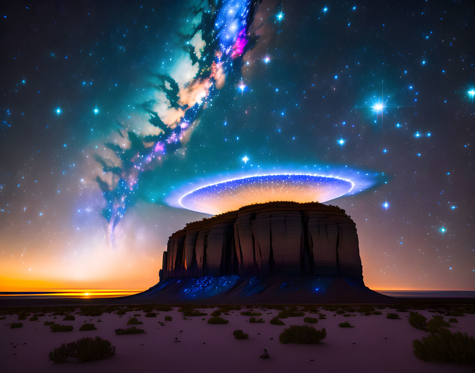 Starry desert night: Glowing UFO over mesa & Milky Way