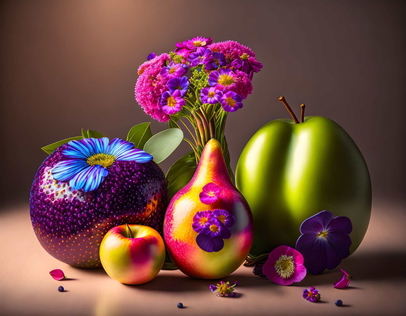 Colorful Still Life of Fruits and Flowers on Warm Background