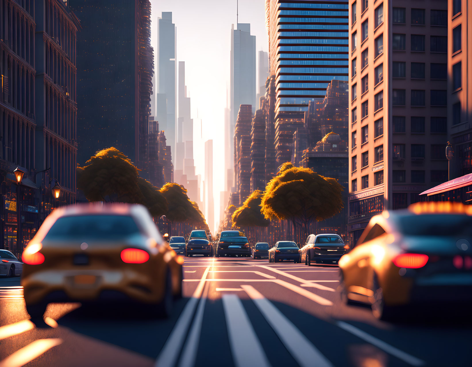 City street with cars and skyscrapers in a sunlit urban setting