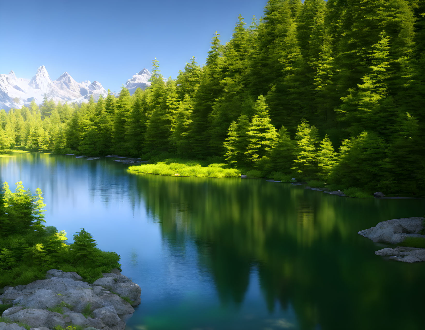 Tranquil mountain lake with pine trees and blue sky