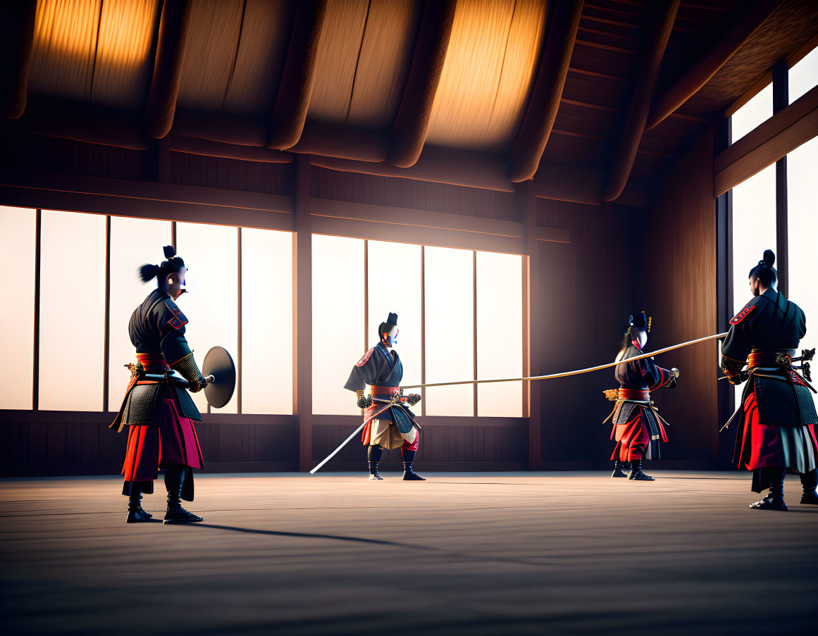 Traditional samurai armor-clad individuals practicing kendo in wooden dojo.