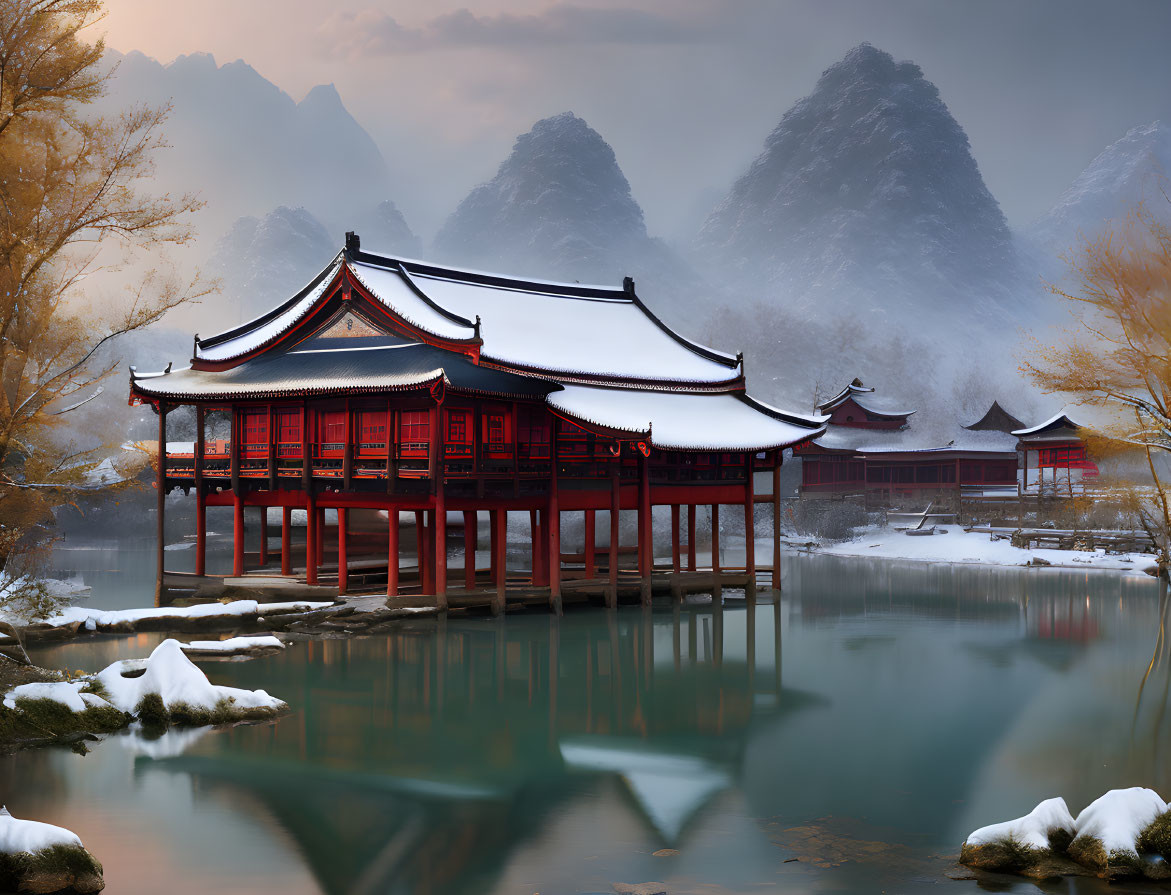 Red and White East Asian Buildings by Tranquil Lake and Snowy Mountains