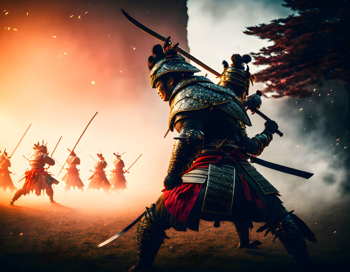 Samurai warriors in armor with sword in fiery battle