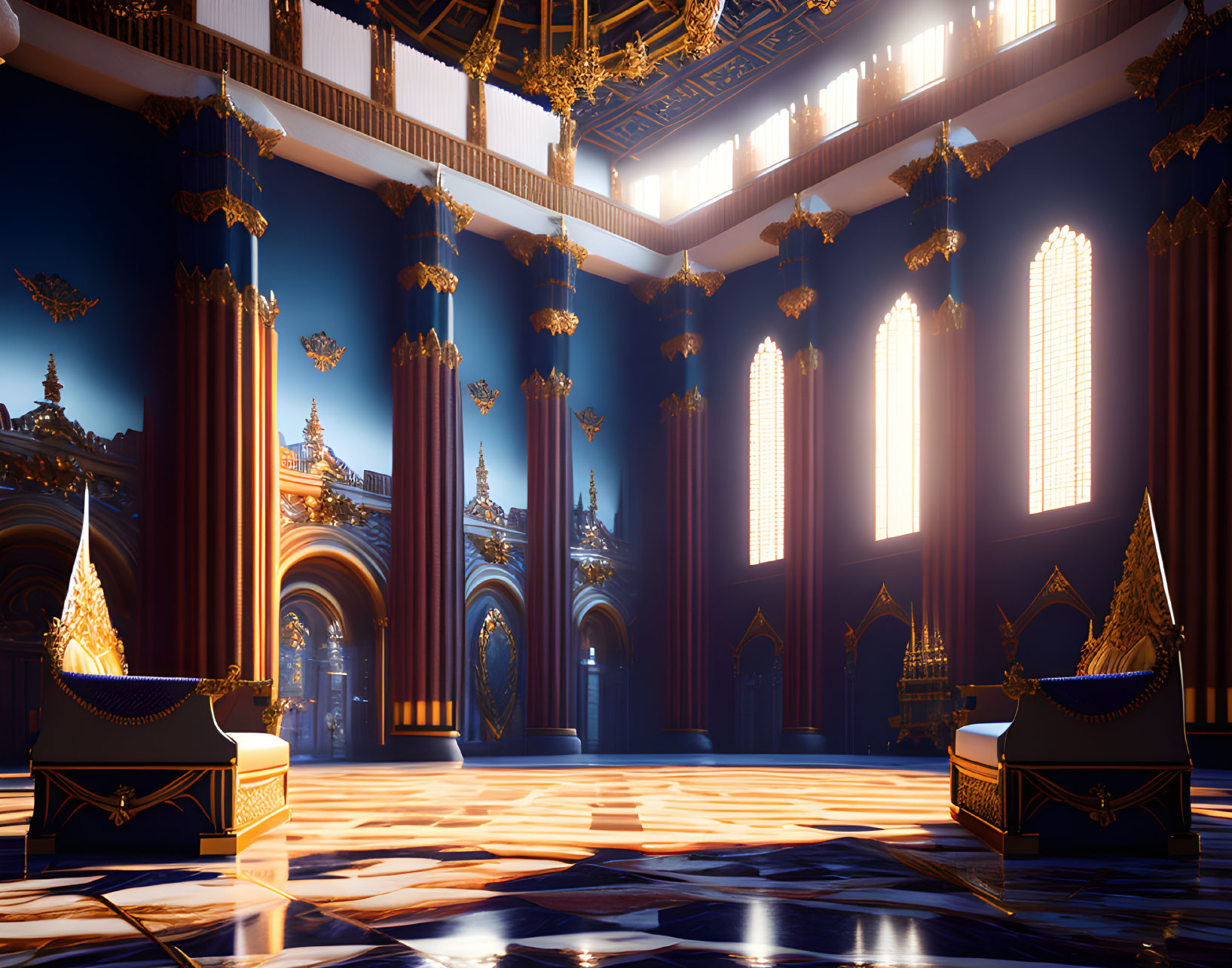 Luxurious Hall with High Ceilings, Gold Details, Tall Windows, and Grand Thrones on Blue