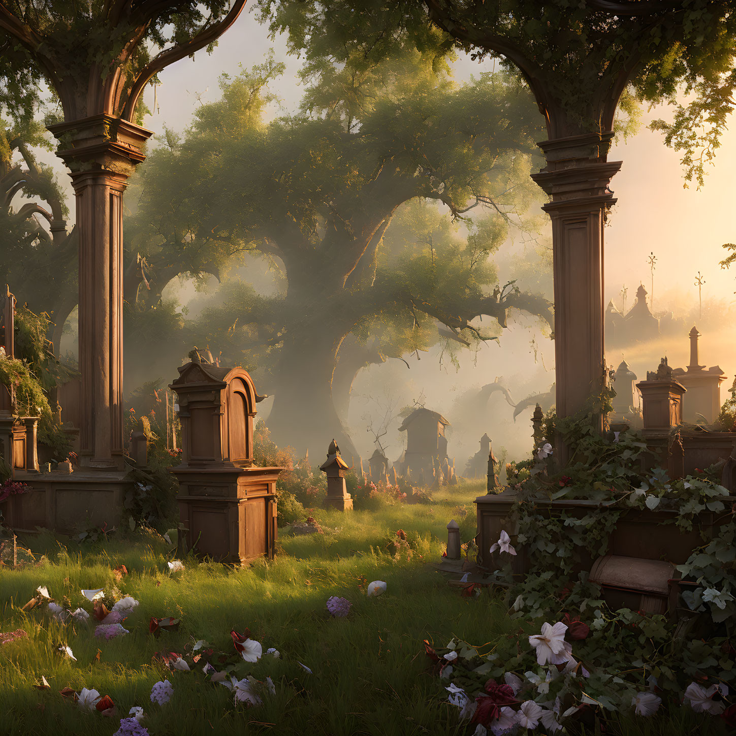 Serene cemetery with ornate tombstones in sunlit setting