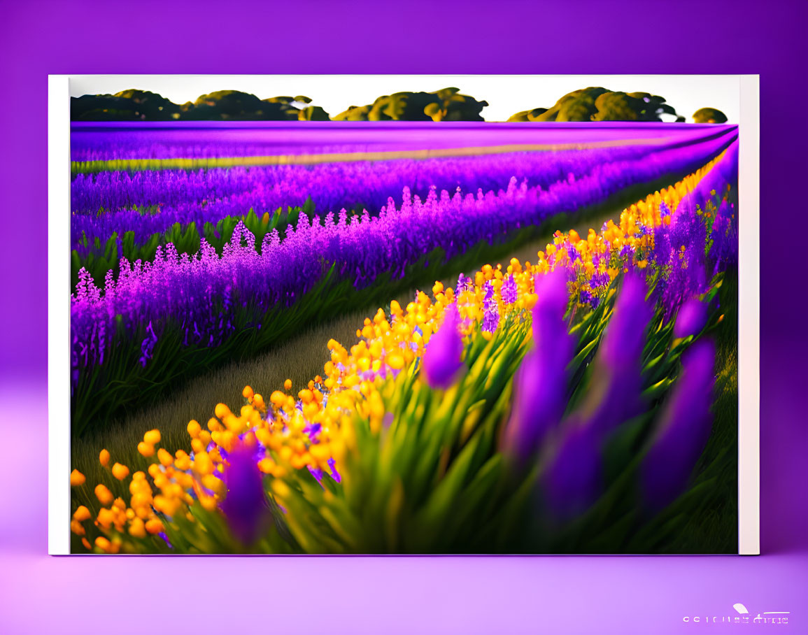Vibrant Purple and Yellow Flowers in Blooming Field at Sunset