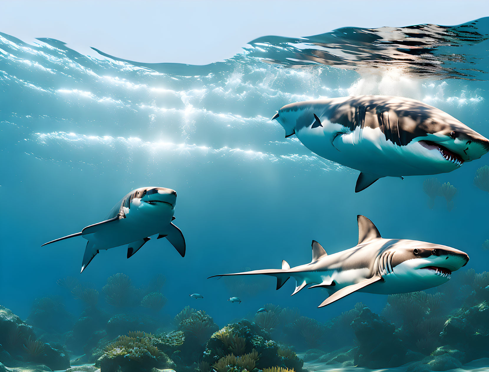Underwater Scene: Three Sharks, Sunlit Ocean Surface, Coral Reefs