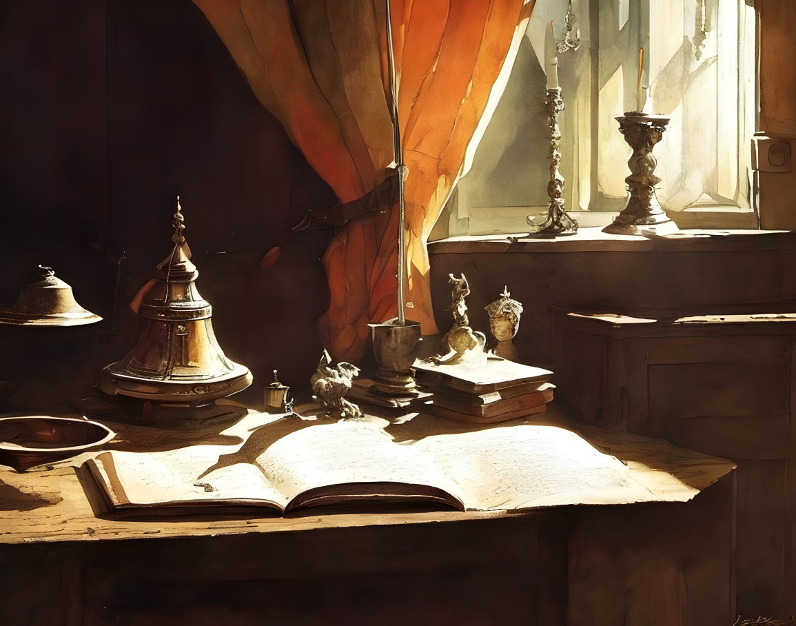 Vintage sunlit study with open book, inkwell, quill, and candlestick on wooden table