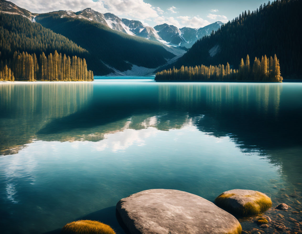 Tranquil Mountain Lake Reflecting Forest and Peaks