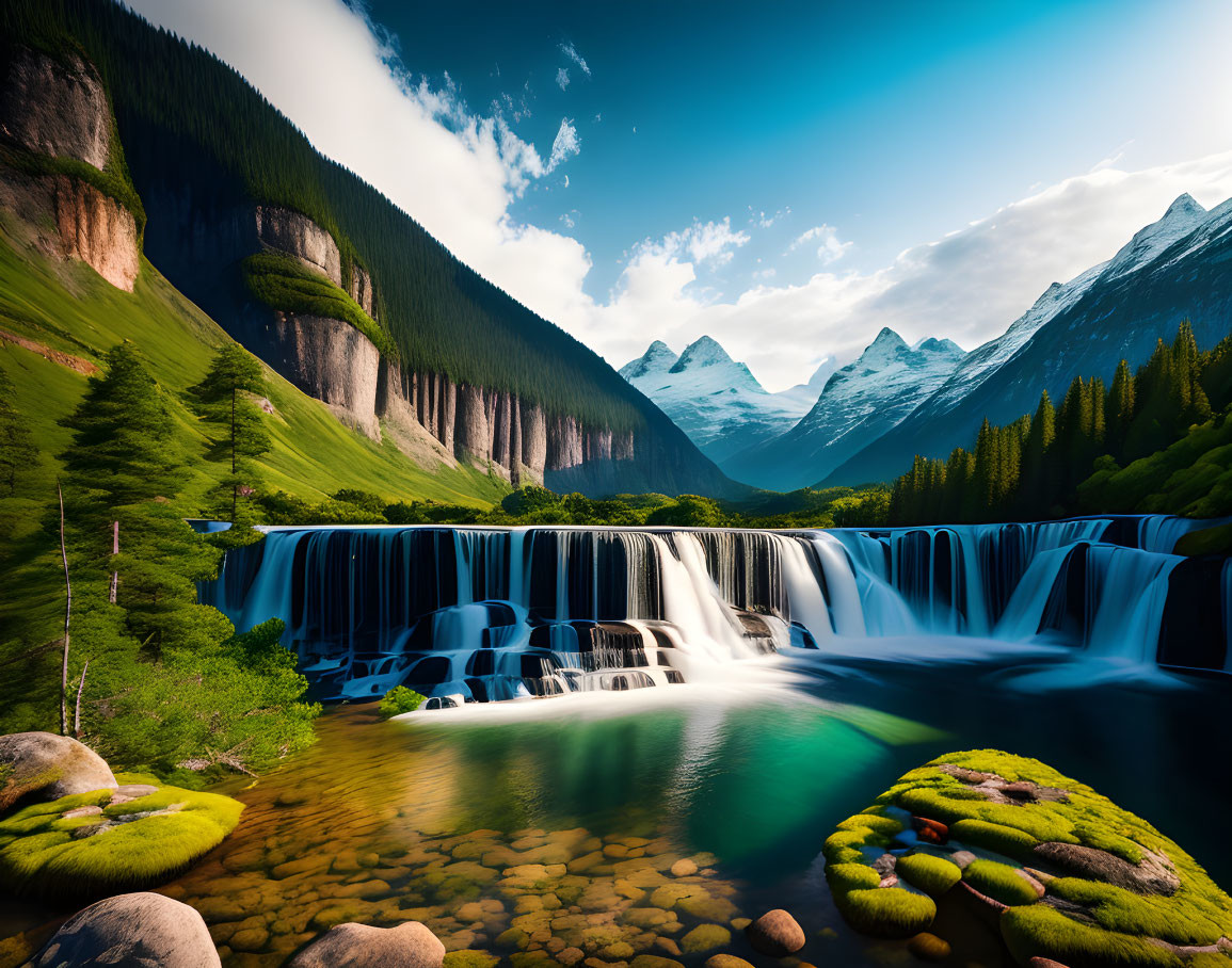 Scenic waterfall flowing into river amid lush greenery and mountain peaks