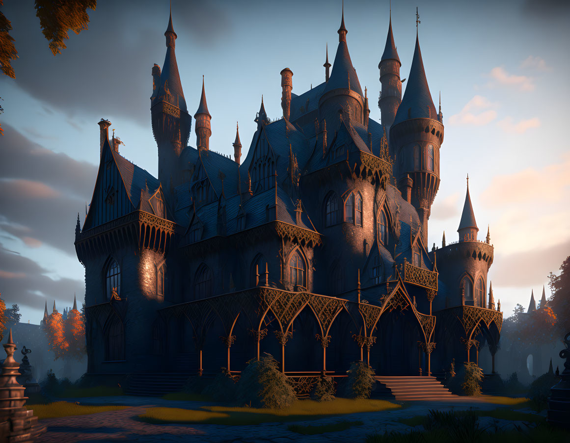 Gothic-style castle at dusk with illuminated windows, surrounded by trees