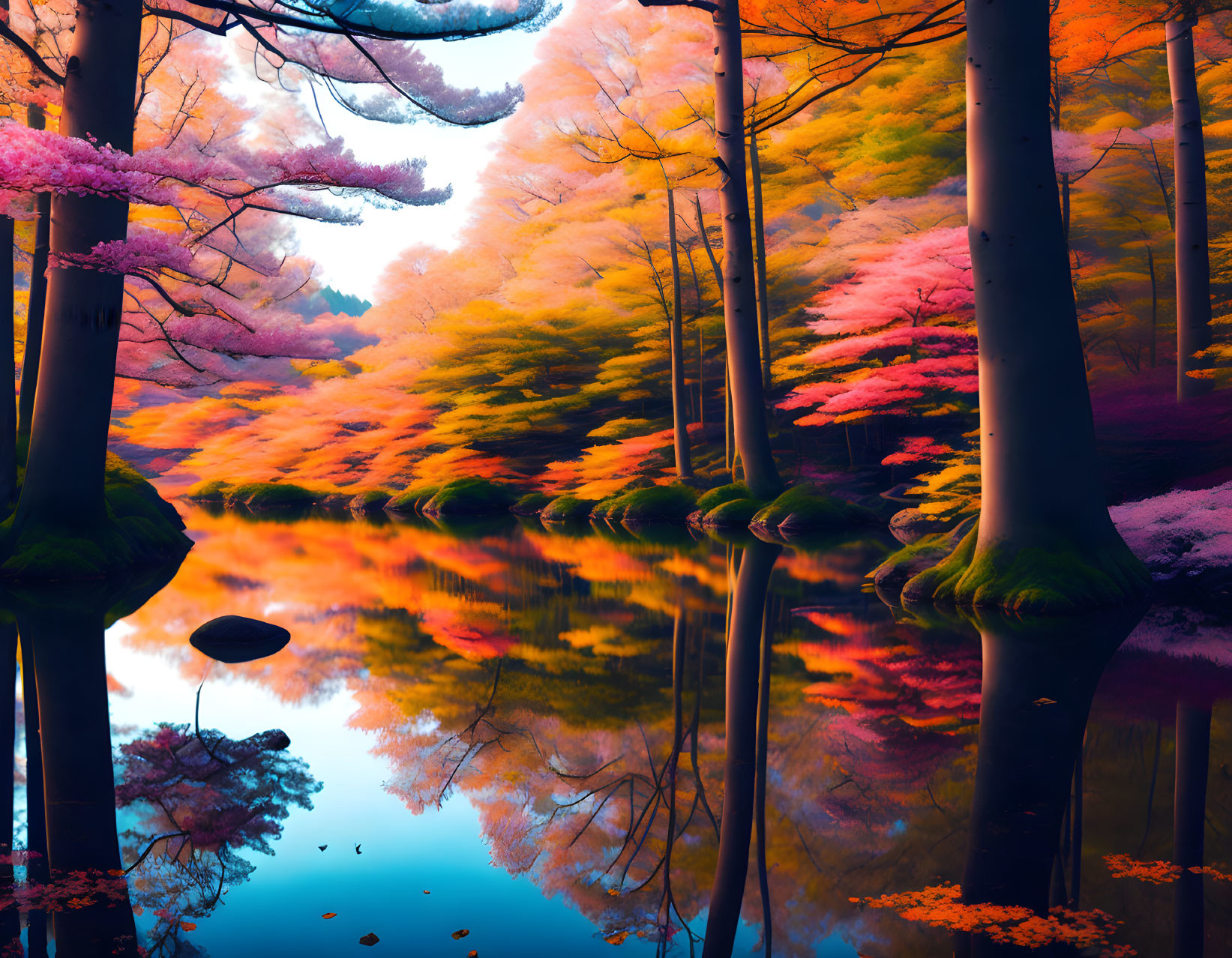 Colorful surreal forest reflected in calm lake under blue sky