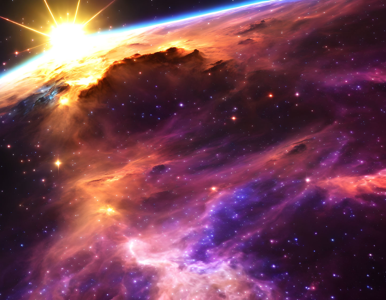 Vibrant space scene with blazing sun and colorful nebula clouds
