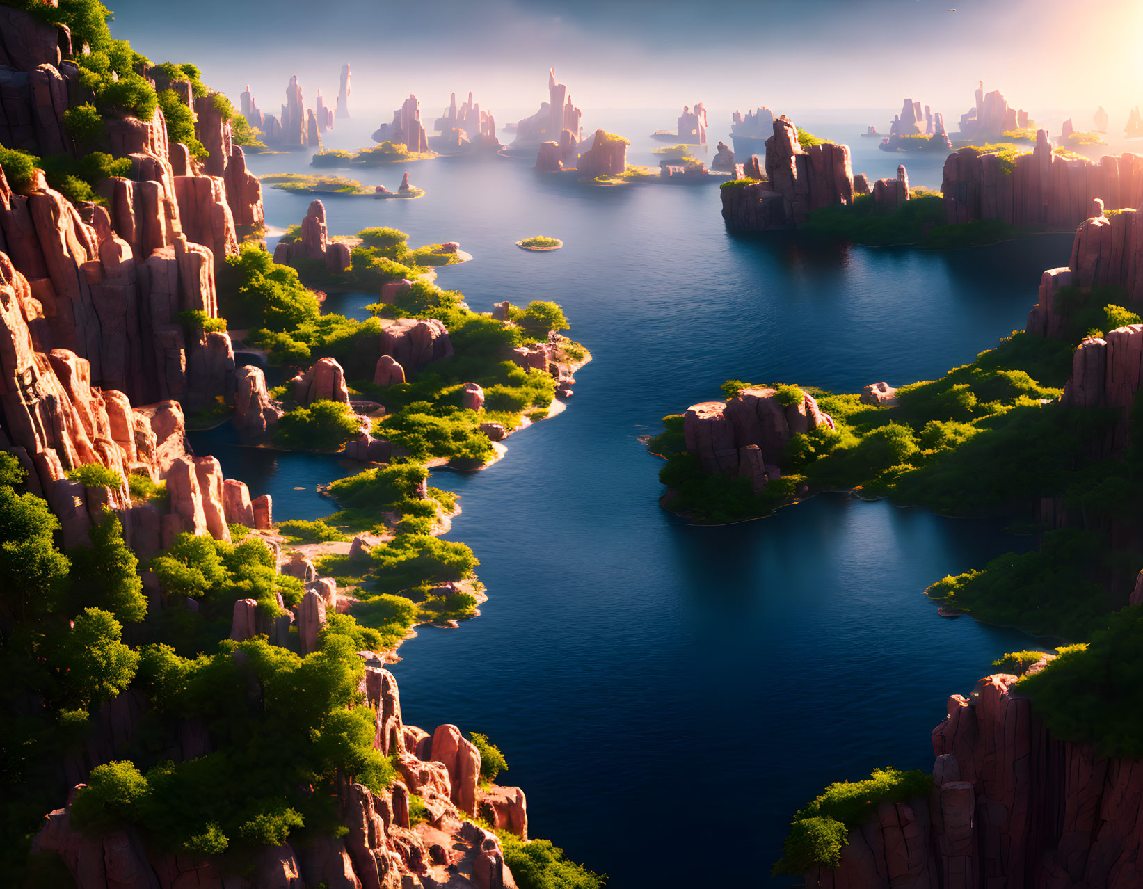 Tranquil river in fantastical landscape with towering rock formations