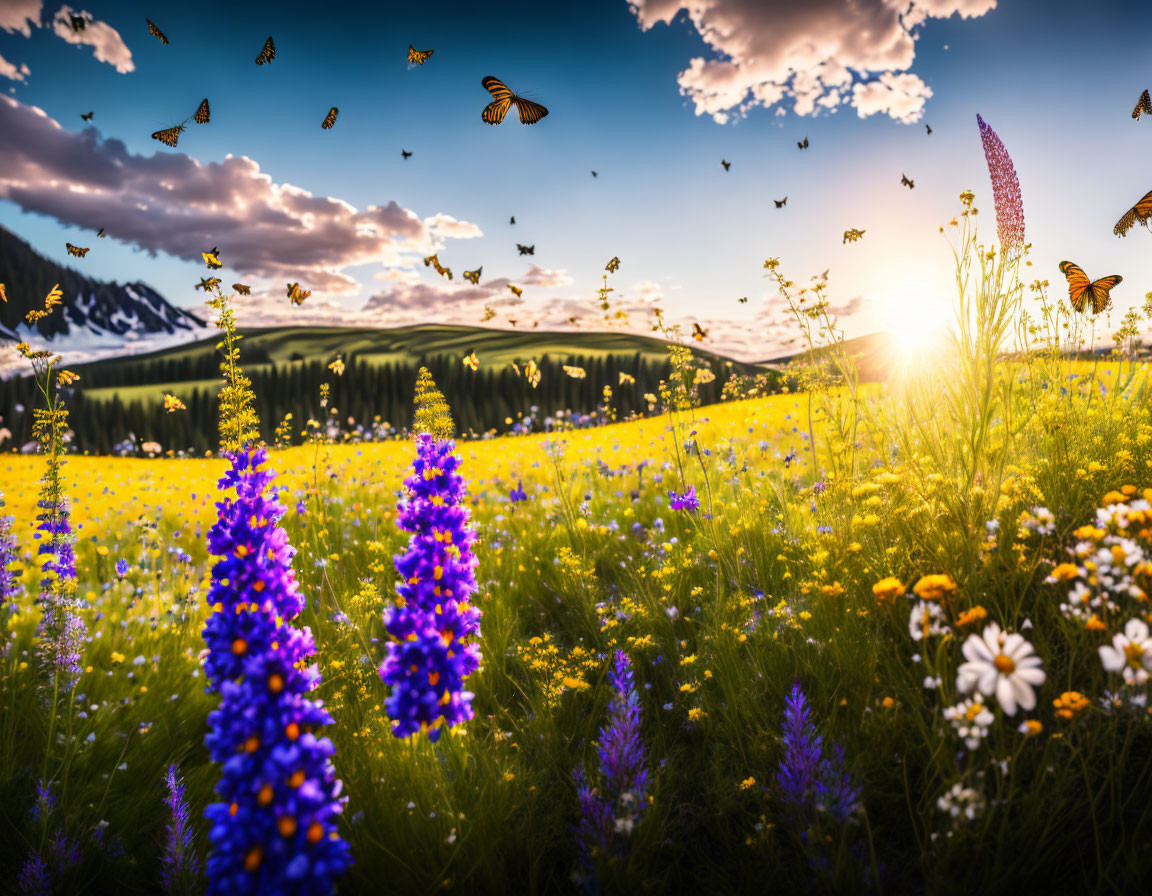 Colorful Meadow with Flowers, Butterflies, and Sunset Sky
