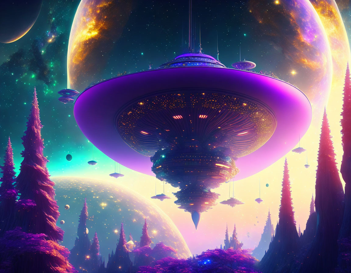Colorful Sci-Fi Landscape with Alien Spaceship Over Purple Forest