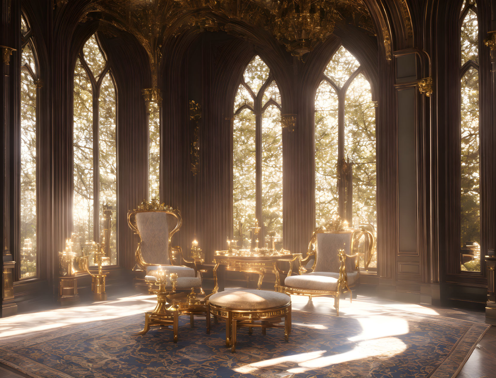 Luxurious Sunlit Gothic Room with Ornate Decorations