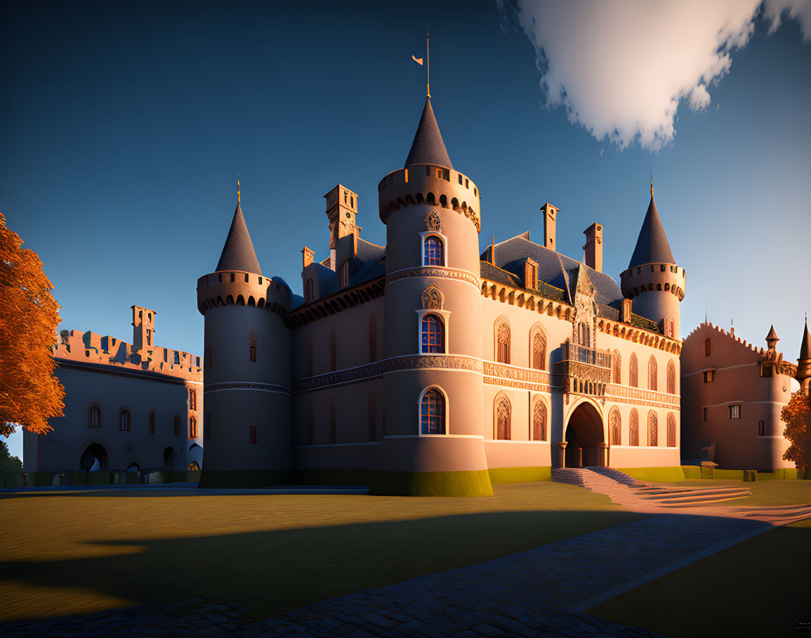 Majestic fairy-tale castle with round towers and battlements at golden hour