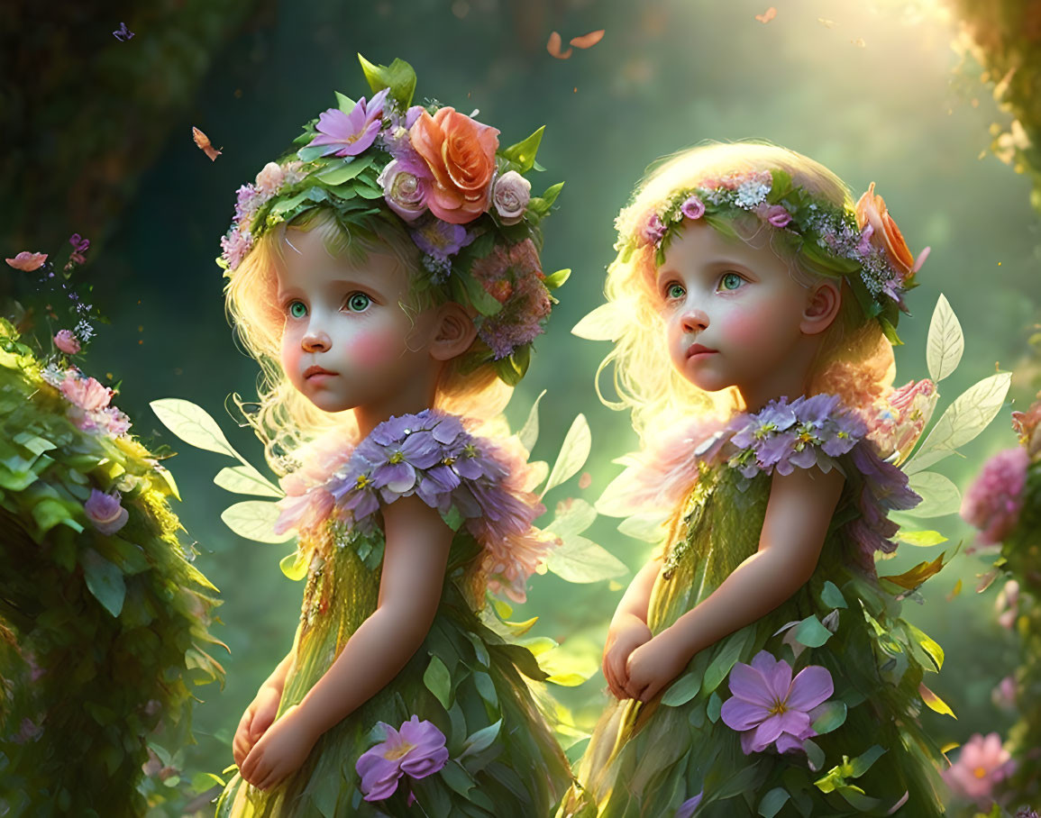 Young girls in fairy costumes in enchanted forest with butterflies.