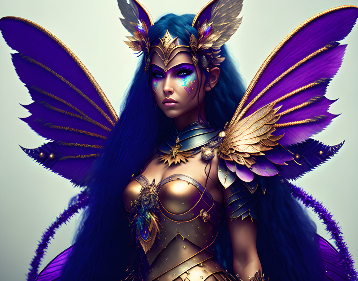 Fantasy illustration of female figure with blue hair, butterfly wings, golden armor, and jeweled crown