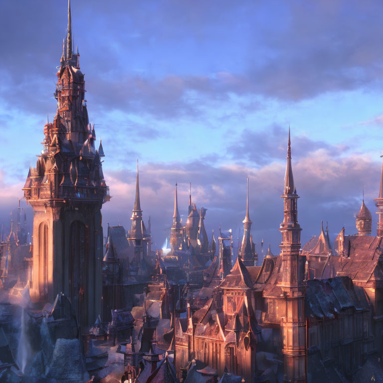Fantasy city skyline at sunset with gothic spires and glowing windows