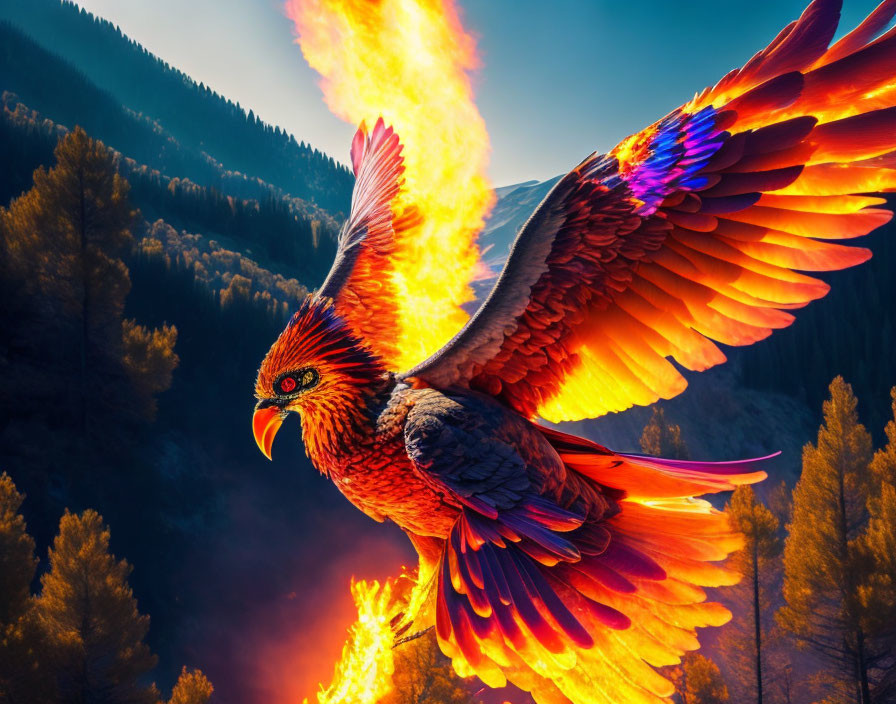 Colorful mythical phoenix soaring with fiery wings over forest and blue skies