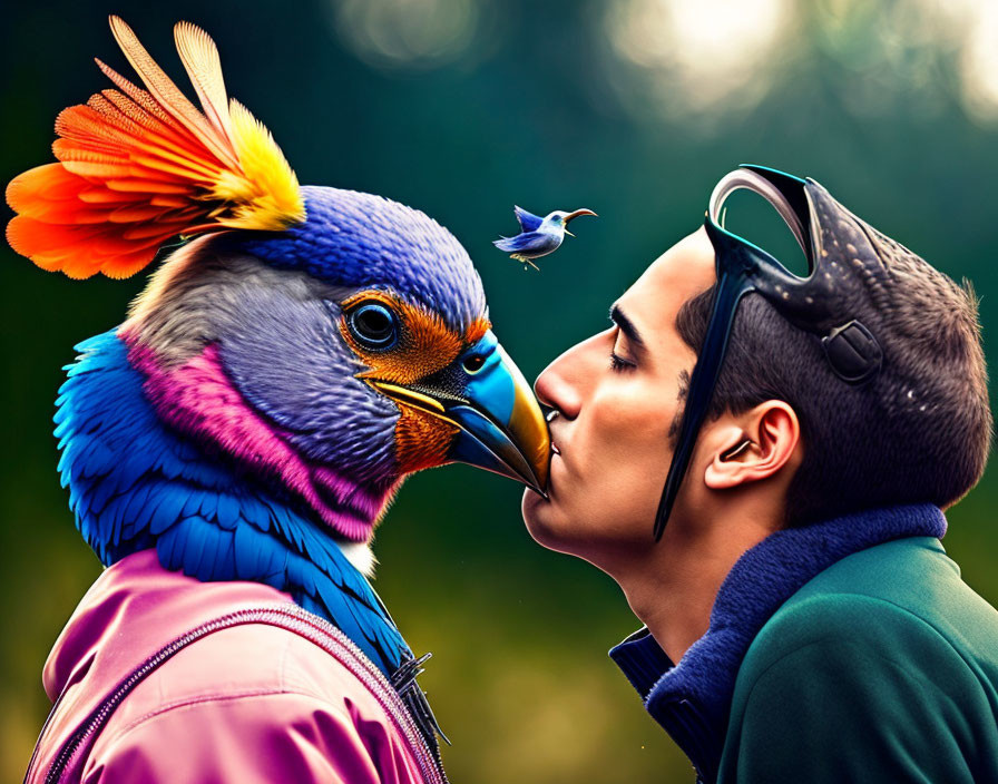 Colorful oversized bird interacts with person wearing goggles