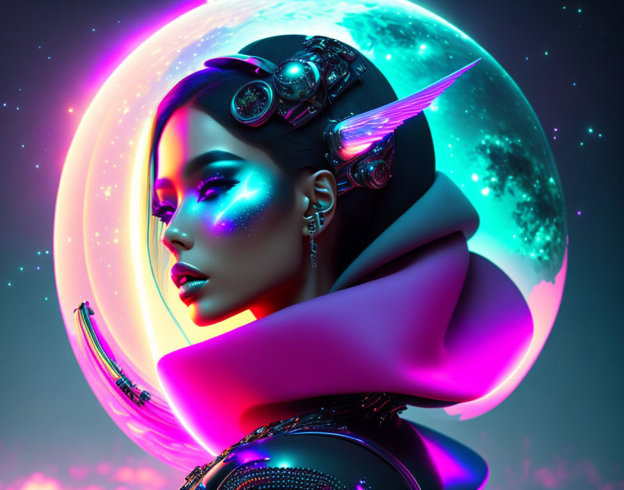 Futuristic woman with cybernetic enhancements and glowing makeup against vivid backdrop.