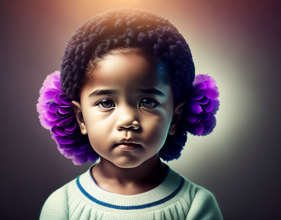 Child with Large Eyes and Purple Floral Headphones, Radiant Glow, Thoughtful Expression