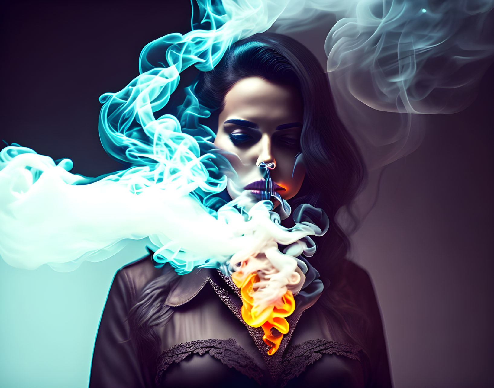 Dark-haired woman exhales colorful smoke in blue and orange hues.
