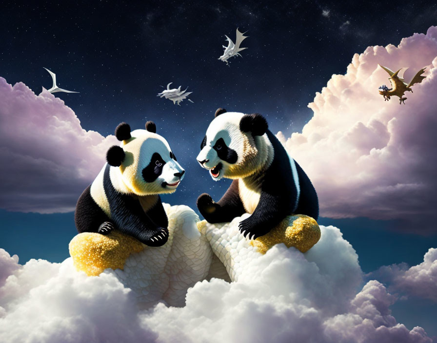 Two pandas on a cloud with night sky, birds, and dragon-like creature
