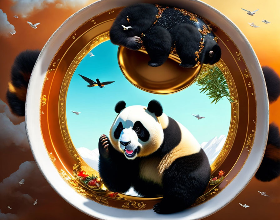 Giant panda with small pandas on circular structure in cloudy sky